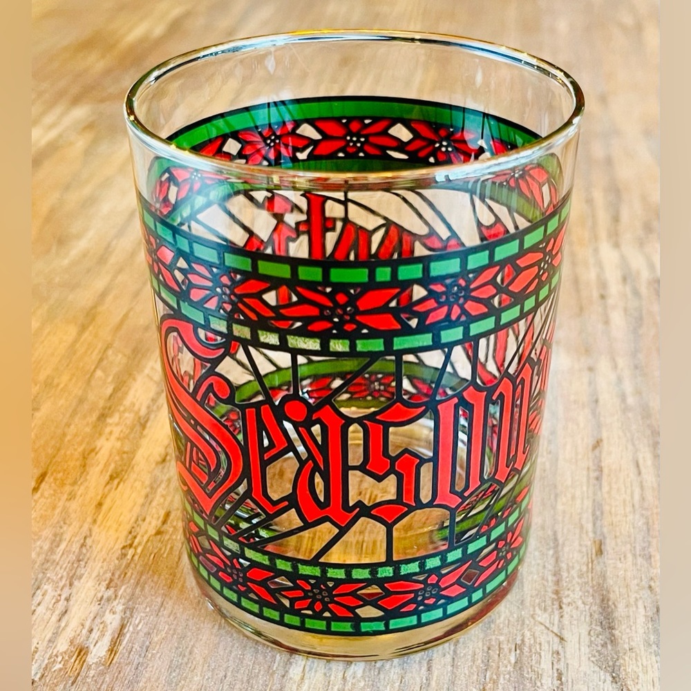 1 Vintage Houze 'Seasons Greetings' Glass Drink Tumbler; Red & Green w/Gold Rim